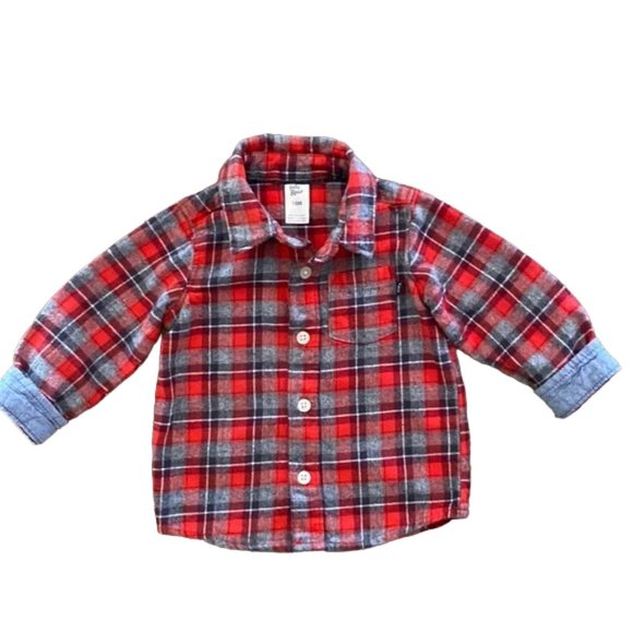 Oshkosh Flannel Red Gray Plaid Button-Down Shirt 18 Months - Picture 8 of 8